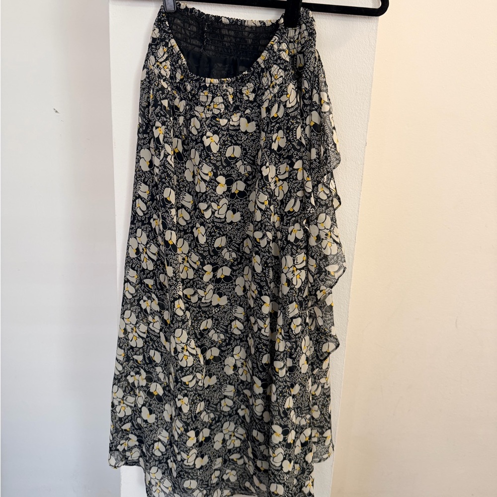 Topshop Ruffle Asymmetrical Skirt in Black Yellow White Floral